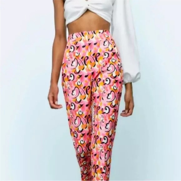 ZARA Paisley Floral High Waisted Ankle Crop Pleated Trouser Pants PINK/MULTI NEW - Picture 3 of 5